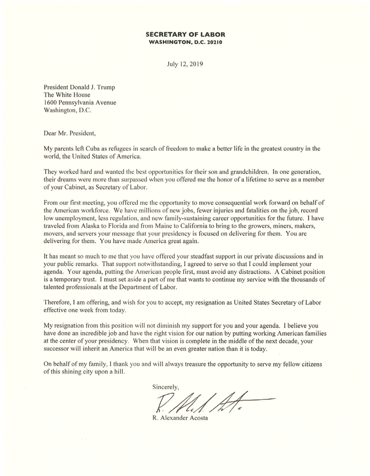 Alex Acosta Resignation letter